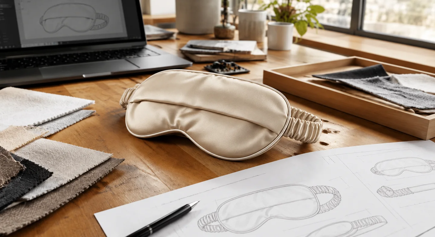 Eye mask prototype with fabric samples and design drawings