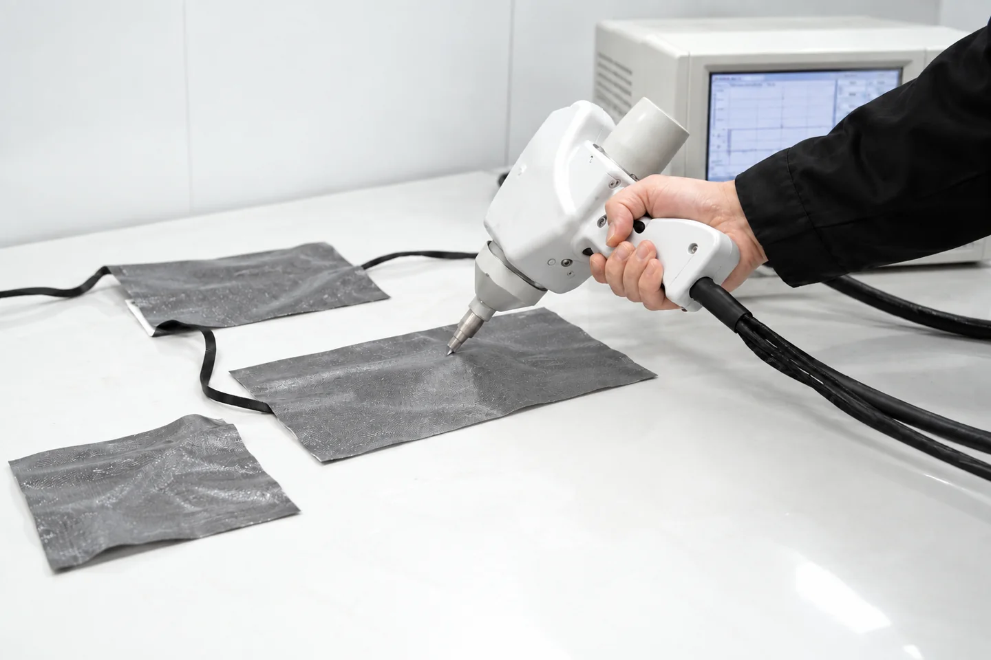 Flexible heating material undergoing laboratory testing